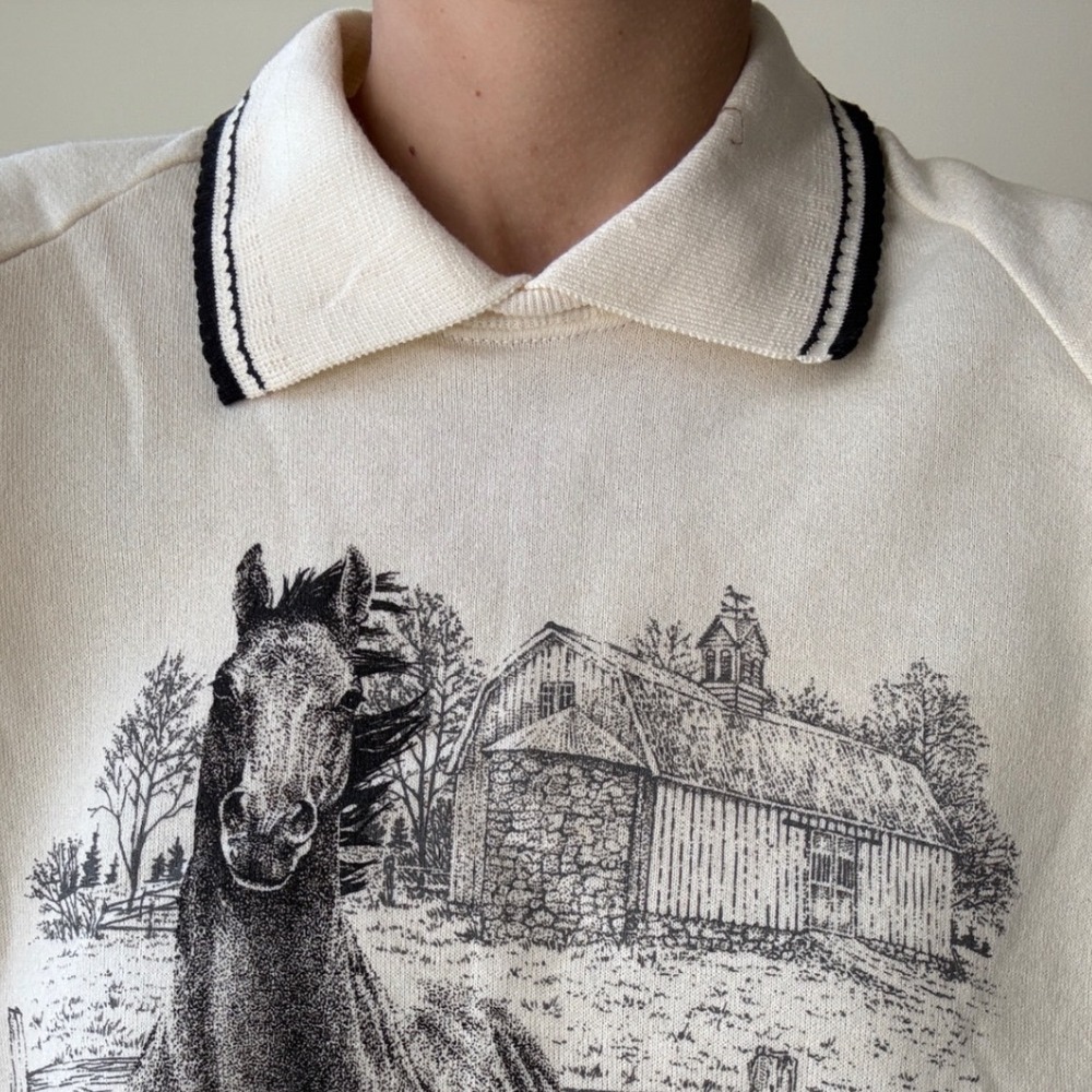 Vintage Morning Sun Horse Graphic Sweatshirt Cream Polo Collar XL Made in USA - Picture 3 of 6